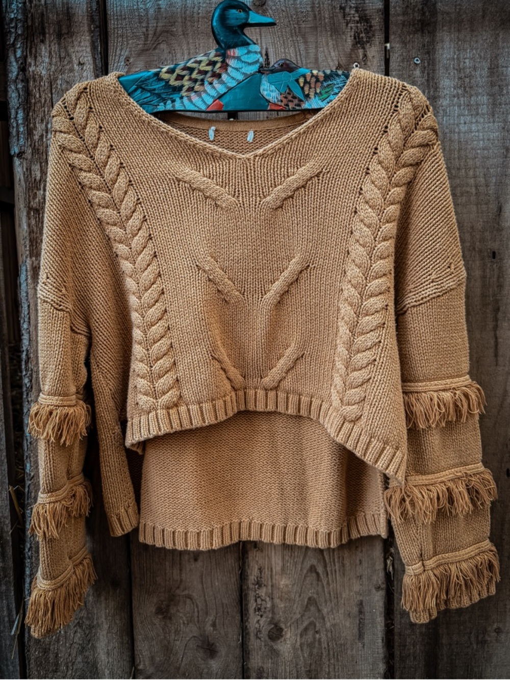 Fringe Cable-Knit Cropped Sweater in Camel